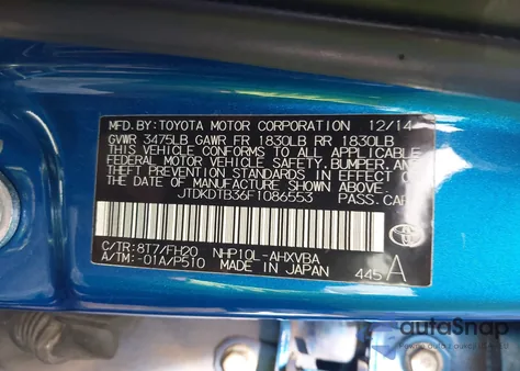 2015 Toyota Prius C One из США, поврежденный, VIN JTDKDTB36F1086553